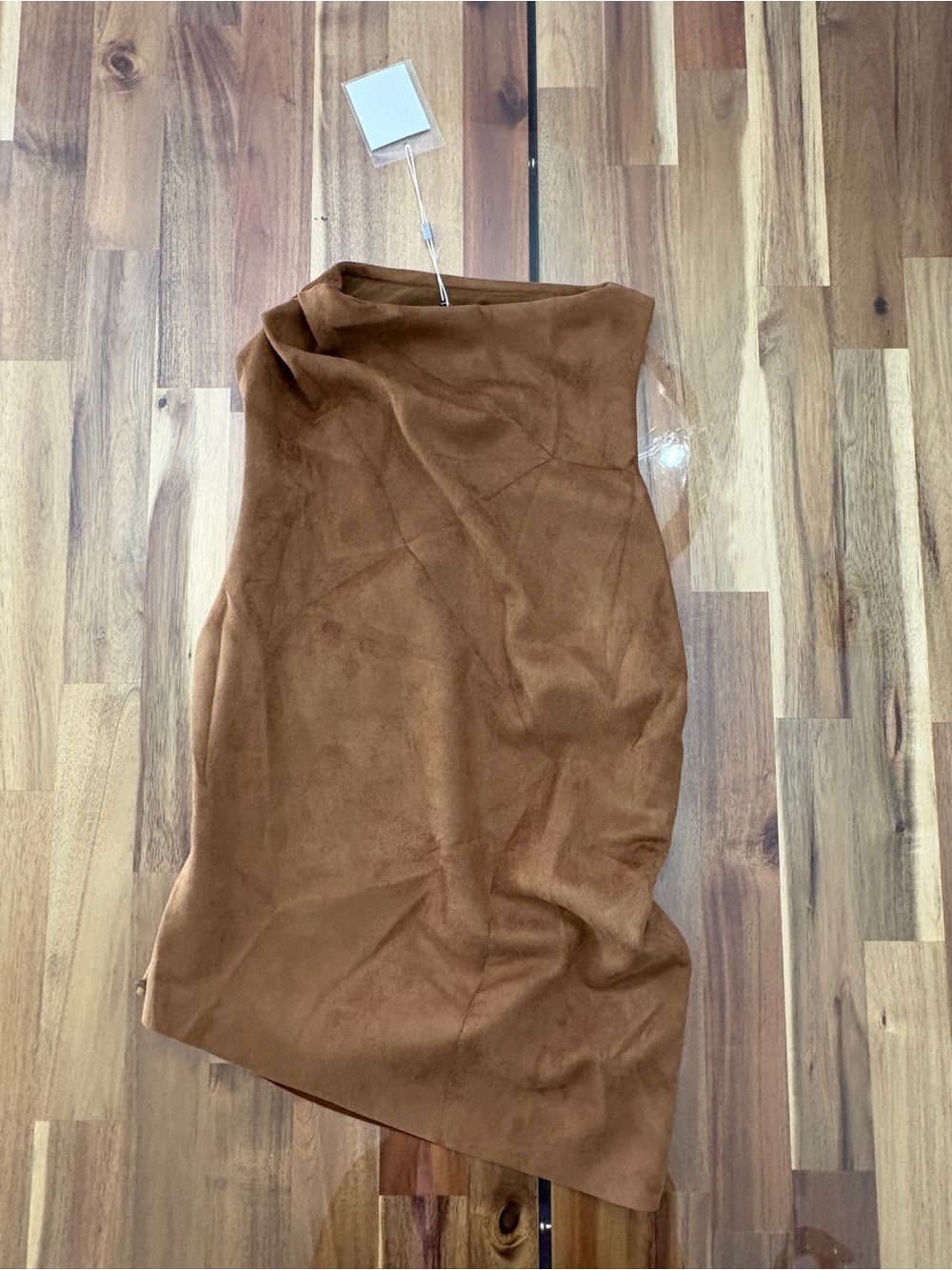 NWT Naked Wardrobe Sz L Suiting Asymmetrical Top Brown Suede Ruched Sleeveless
